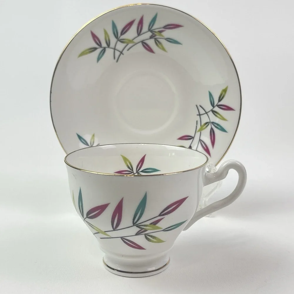 Vintage Royal Imperial Tea Cup With Saucer‎  England Gold Rim Art Deco Leaves
